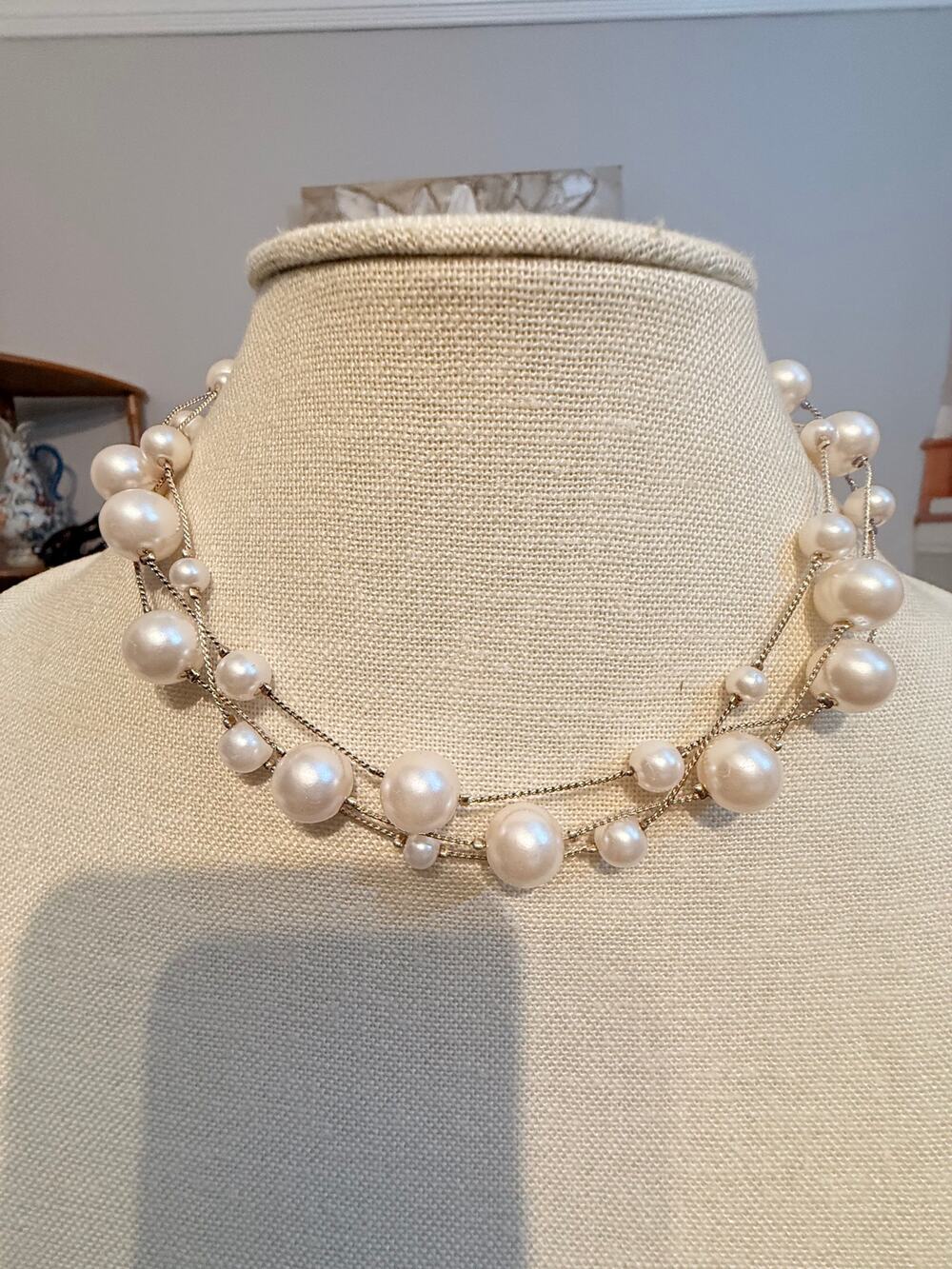 Vintage Multi Strand Faux Pearl Choker Necklace 14”